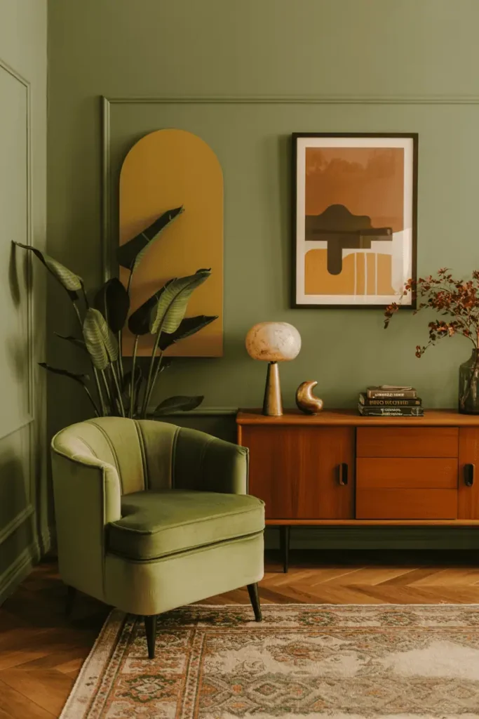 Vintage living room in sage green with mustard and burnt orange retro accents.
