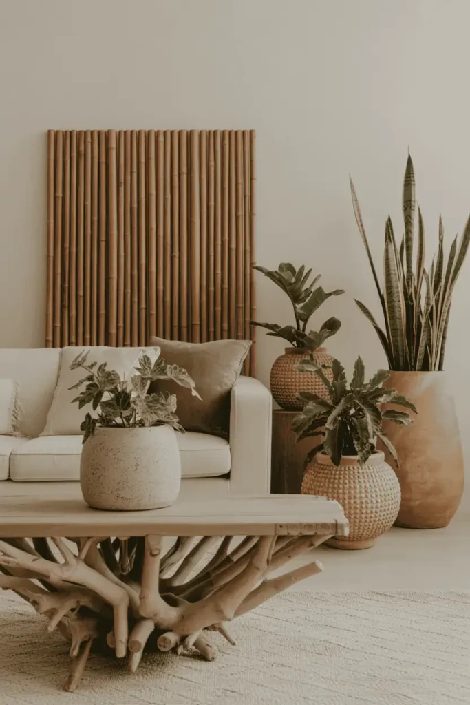 Driftwood table, bamboo screen, and terracotta planters adding natural textures to a living room.