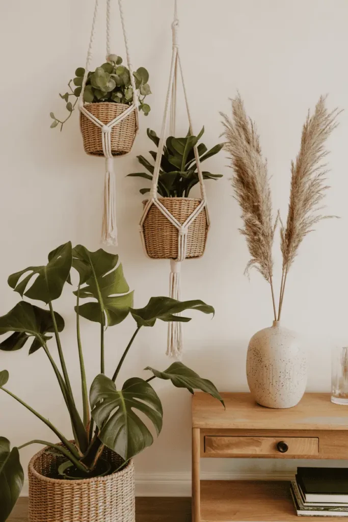 Boho living room corner styled with monstera, hanging plants, and pampas grass.