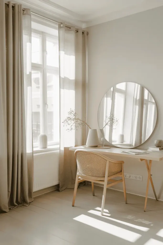 Scandinavian living room with sheer linen curtains, white walls, and mirrors to maximize natural light in a Nordic-inspired space.