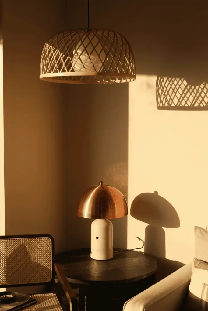 Textured lighting with rattan pendant and hammered copper lamp in a cozy living room.