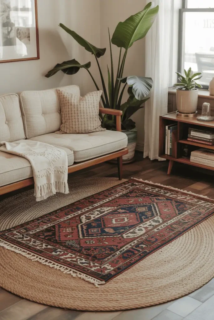 Layered Persian and jute rugs in a cozy vintage living room with mid-century furniture.