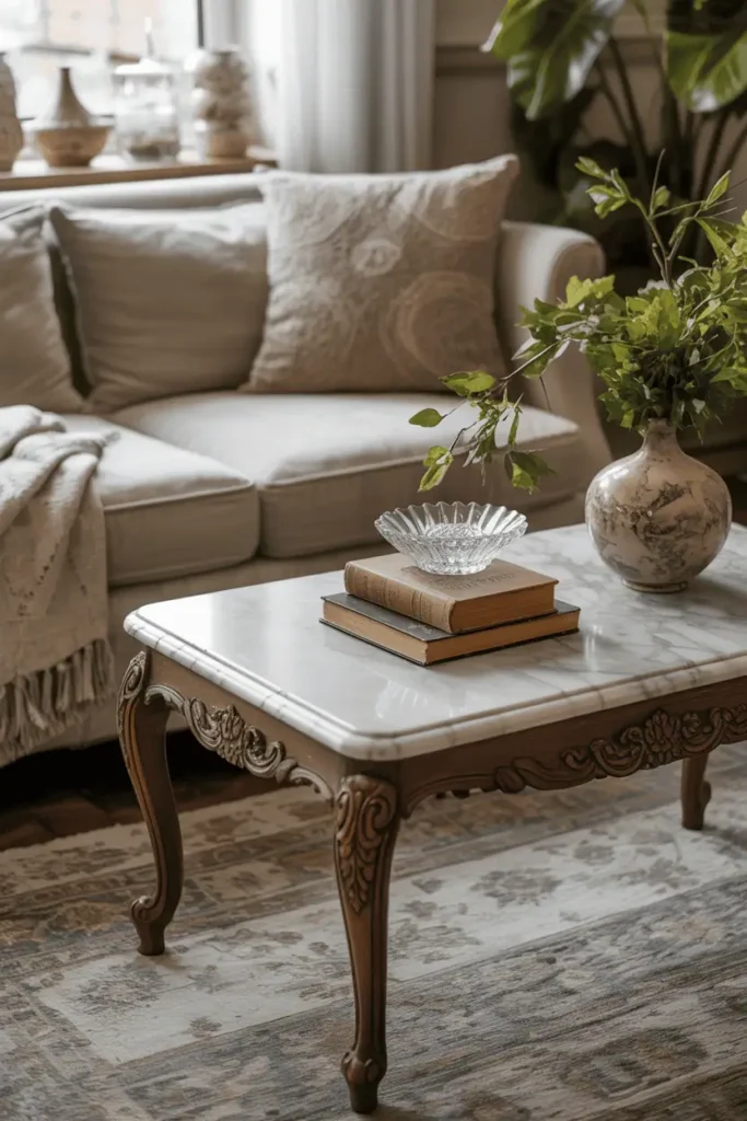 Antique coffee table with carved legs, marble top, and styled vintage accessories.