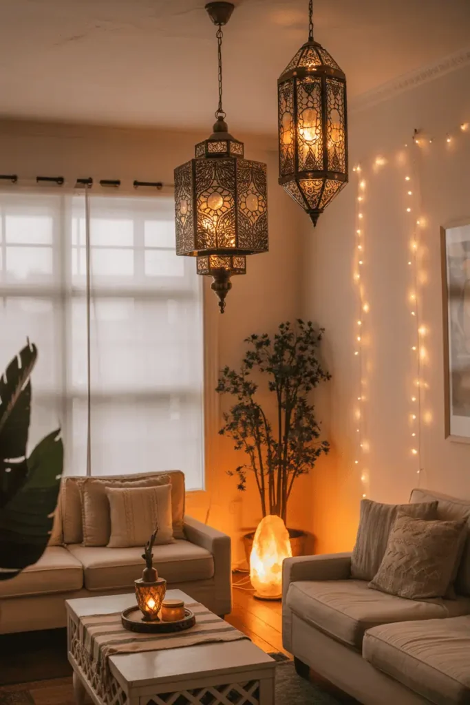 Boho living room with Moroccan lanterns, fairy lights, and a glowing salt lamp.