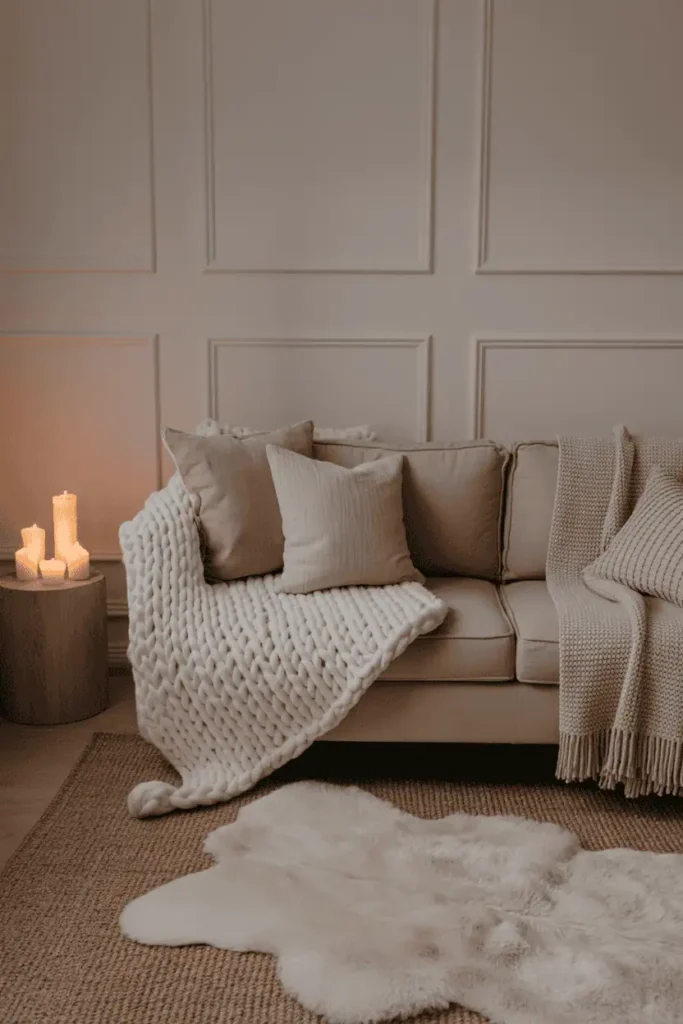Scandinavian hygge living room with layered textiles including chunky knit throw, linen cushions, and sheepskin rug for cozy comfort.