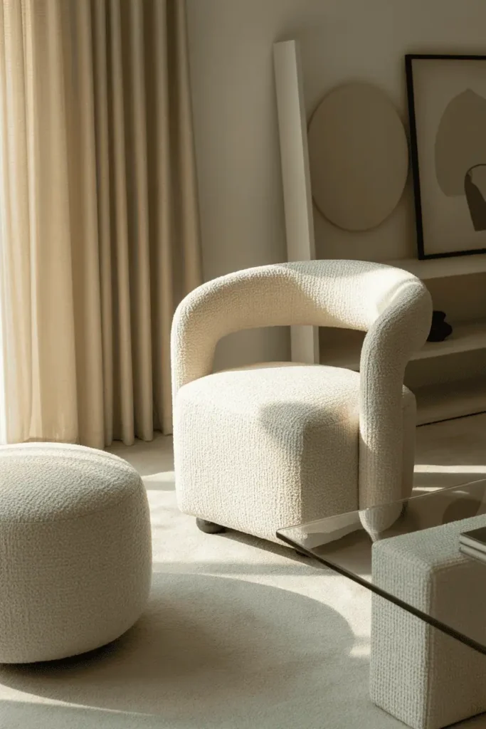 Cream bouclé chair and nubby ottoman in a modern textured living room.