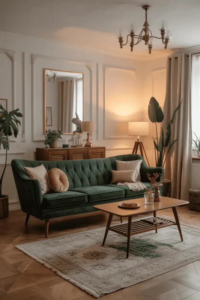 Vintage living room with emerald green velvet mid-century sofa, neutral rug, and wooden coffee table.