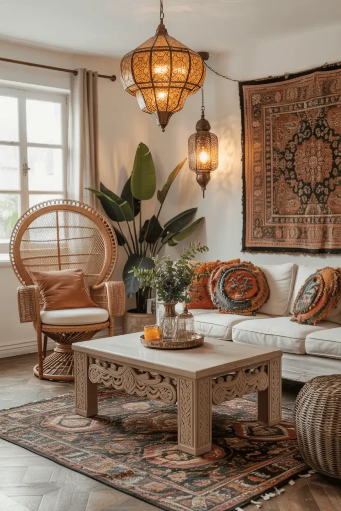 Boho living room with vintage rattan chair, carved wood table, and global-inspired decor