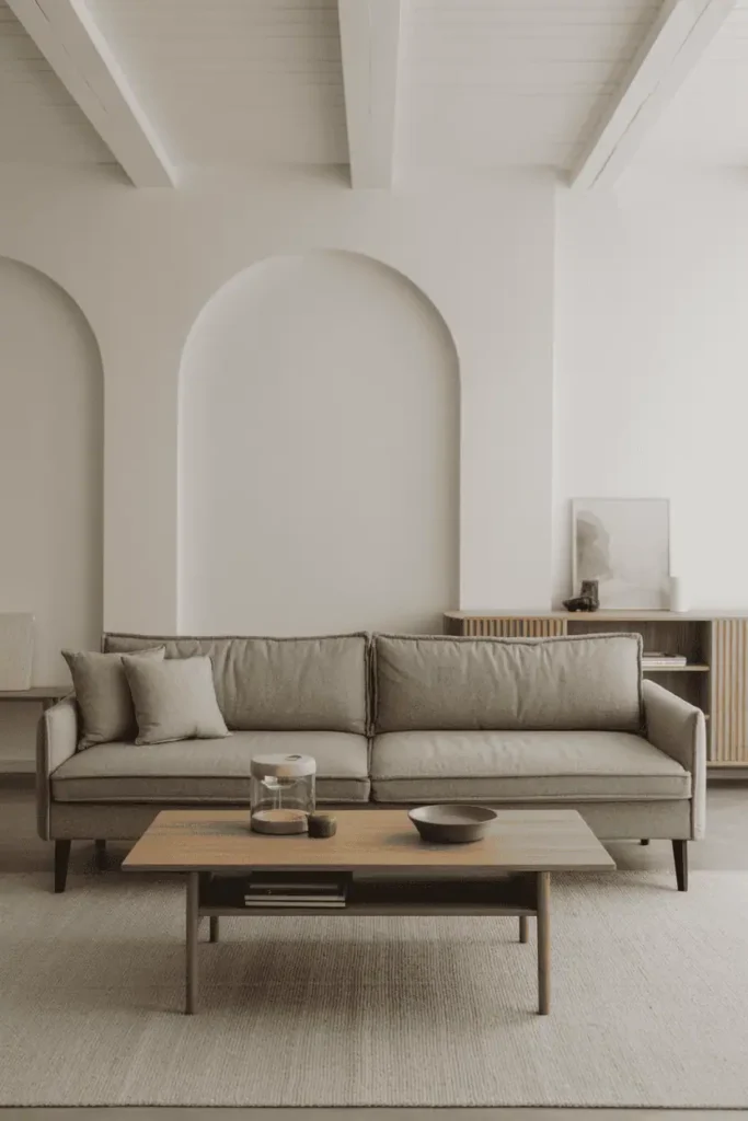 Streamlined Scandinavian furniture with light gray sofa, natural wood coffee table, and functional design for a cozy minimalist living room.
