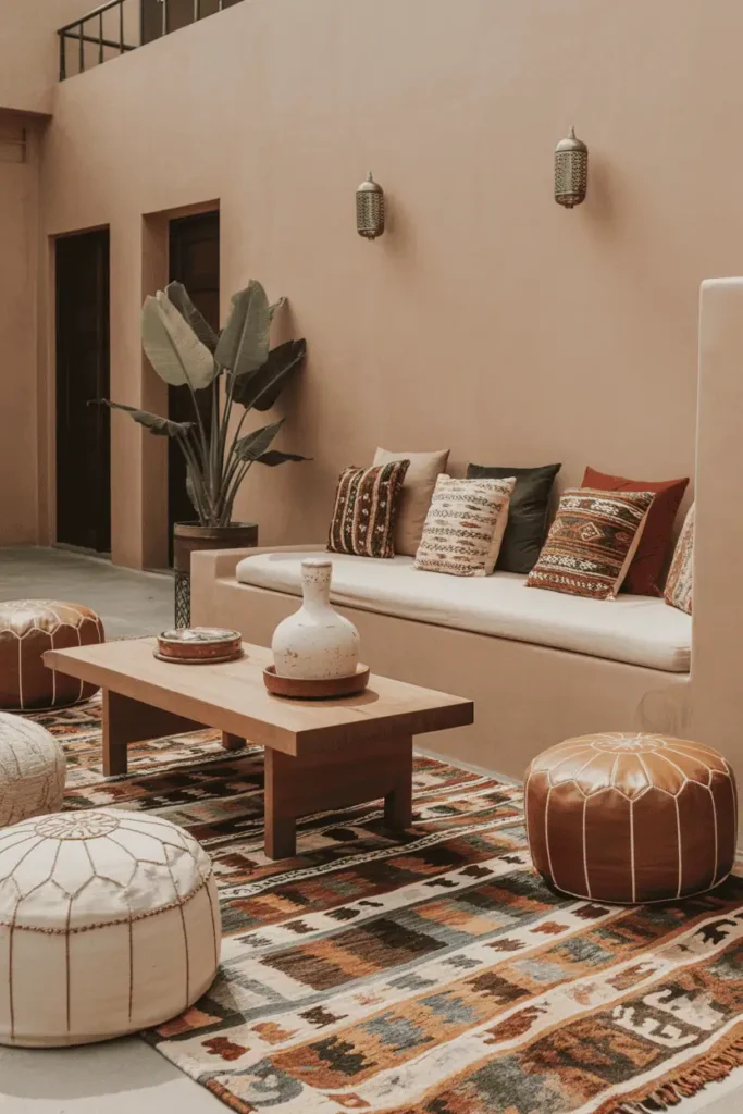 Boho living room with Moroccan poufs, kilim cushions, and layered rugs for floor seating