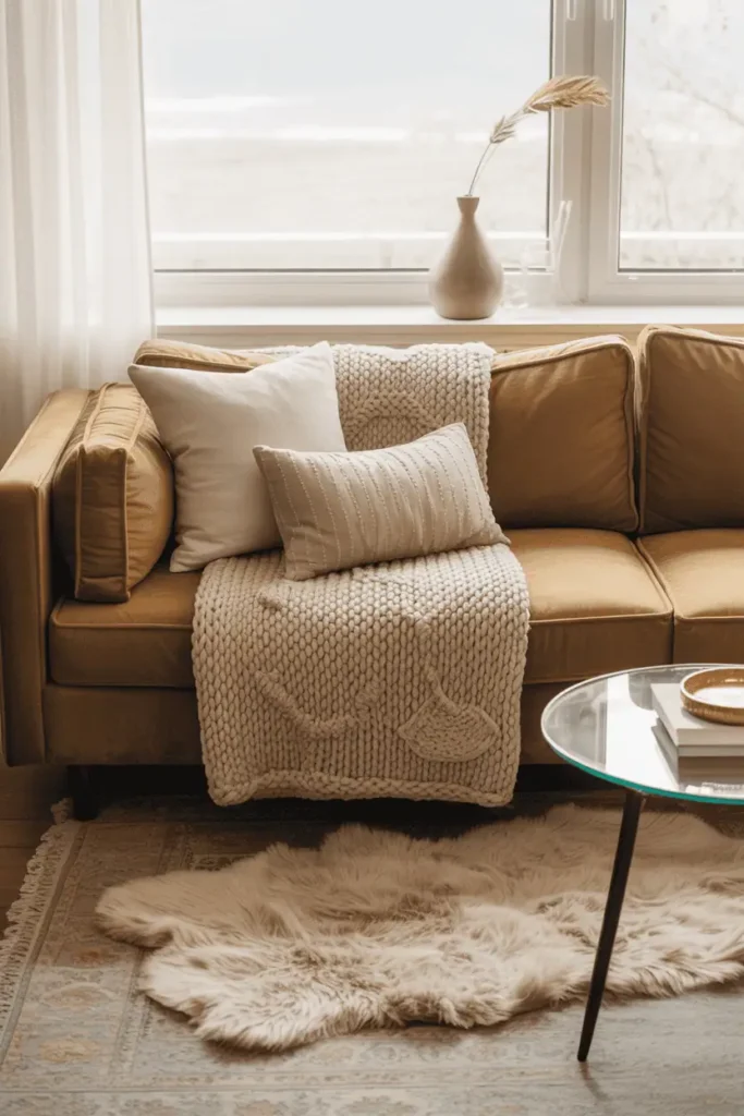 Velvet sofa with layered textiles including knit throw, linen pillows, and faux fur rug in a cozy textured living room design.