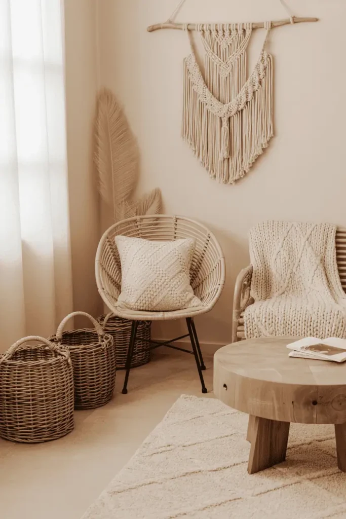 Boho living room with natural textures — rattan, wicker, macramé, and chunky knit fabrics