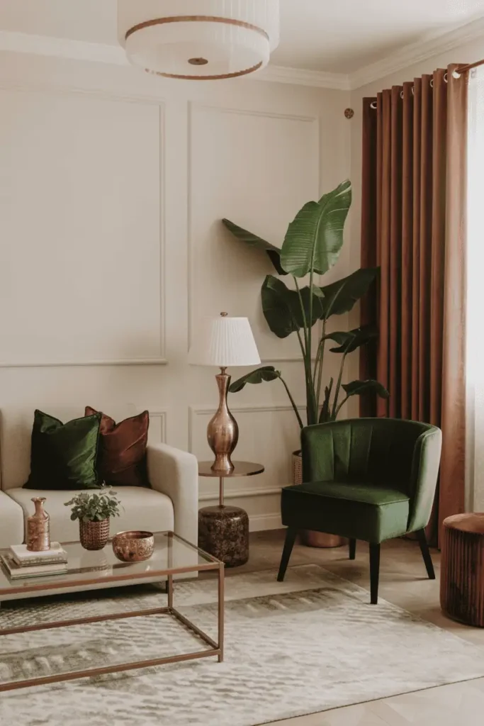 Boho living room decorated with emerald pillows, sapphire chair, and burgundy curtains