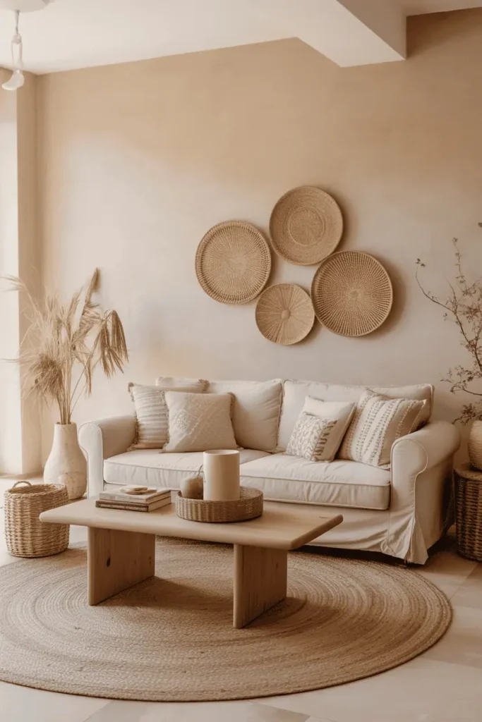 Neutral boho living room with beige walls, cream sofa, jute rug, and natural textures.