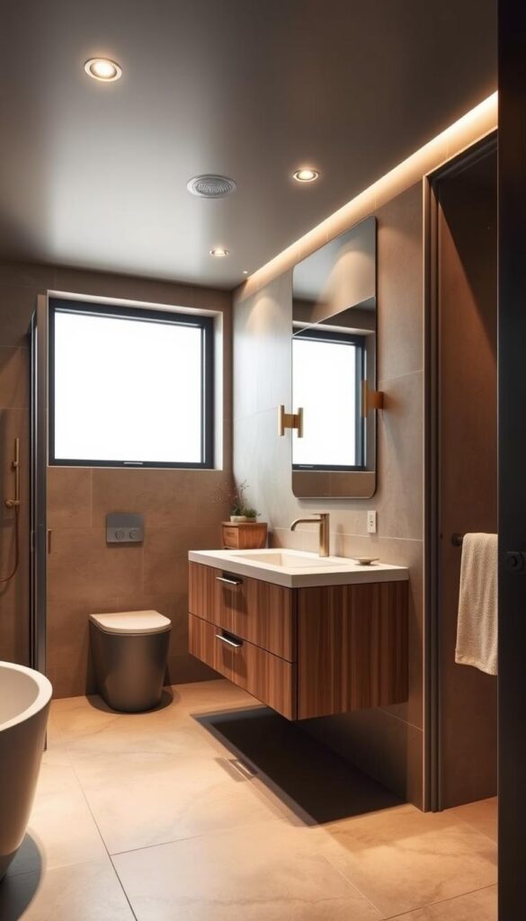 A contemporary bathroom interior with a harmonious color palette. The scene features a sleek vanity with a minimalist design, accented by warm-toned wooden elements and brushed brass fixtures. The walls are adorned with a muted, earthy-hued tile pattern, creating a soothing and sophisticated ambiance. Soft, diffused lighting from recessed ceiling fixtures and a large window illuminate the space, casting gentle shadows and highlights. The overall atmosphere exudes a sense of modern elegance and tranquility, suitable for a high-end, spa-like bathroom experience.