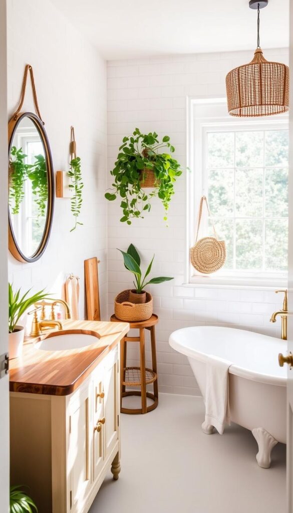 A contemporary bathroom with a rustic, DIY charm. Bright, natural lighting filters through a large window, illuminating sleek white subway tiles and a minimalist vanity with a wooden countertop. Antique brass fixtures, a clawfoot tub, and a vintage-inspired mirror add character. Lush potted plants and natural woven accents bring a touch of warmth. The overall atmosphere is one of simple elegance, highlighting budget-friendly DIY updates that create a modern, spa-like retreat.