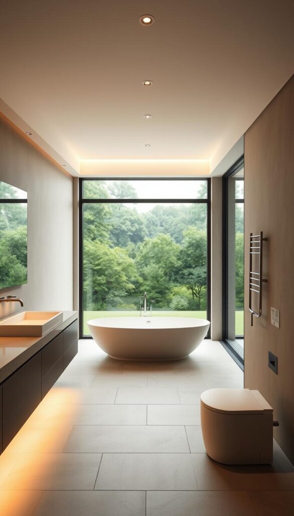 A contemporary bathroom with clean lines, minimalist fixtures, and a serene color palette. A large vanity with a sleek, rectangular sink and integrated lighting casts a soft glow. The walls are covered in smooth, matte tiles in a neutral tone, accentuated by the warm, indirect lighting. A freestanding bathtub takes center stage, surrounded by a frameless glass enclosure. The room is flooded with natural light from a large, picture window, offering a tranquil view of a lush, green landscape. The overall atmosphere is one of modern sophistication and relaxation.