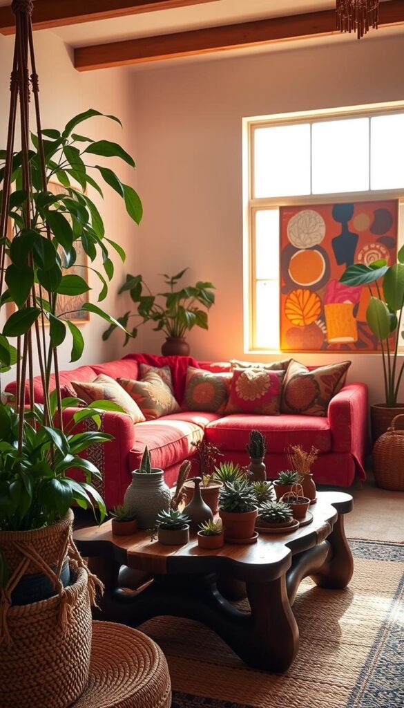 A cozy Afrohemian living room bathed in warm, natural light. In the foreground, a plush, colorful sofa adorned with patterned throw pillows. Lush, verdant plants in macrame and woven planters flank the sofa, cascading their leaves gracefully. In the middle ground, a low, carved wooden coffee table displays an array of potted succulents and dried botanicals. The background features a wall adorned with vibrant, abstract artwork and a large window that floods the space with sunlight, casting a soft, golden glow. Woven baskets, textured rugs, and other natural elements complete the earthy, bohemian ambiance.