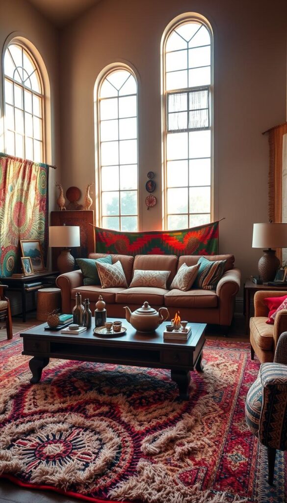 A cozy Afrohemian living room filled with vibrant colors and eclectic textures. In the foreground, a plush, patterned area rug grounds the space, complemented by a low, wooden coffee table adorned with an array of decorative items. In the middle ground, a large, comfortable sofa upholstered in a rich, earthy fabric is flanked by two side tables with intricate, hand-carved lamps. The walls are adorned with vibrant, abstract artwork and woven tapestries, creating a warm, inviting ambiance. In the background, tall, arched windows allow natural light to flood the room, casting a soft, golden glow and lending an airy, bohemian feel. The overall atmosphere is one of relaxation, creativity, and cultural richness.