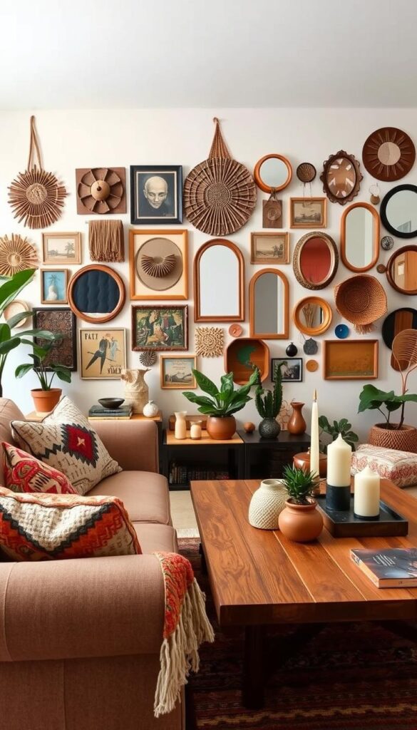 A cozy Afrohemian living room with vibrant textiles, ethnic patterns, and natural elements. In the foreground, a plush boho-style sofa with a colorful woven throw blanket. On the middle ground, a wooden coffee table topped with an array of decorative items - ceramics, candles, and a potted plant. The background features a gallery wall with an eclectic mix of framed artwork, wall hangings, and mirrors in various shapes and sizes. Soft, diffused lighting creates a warm, inviting atmosphere. The overall scene exudes a budget-friendly, eclectic, and culturally-inspired aesthetic.