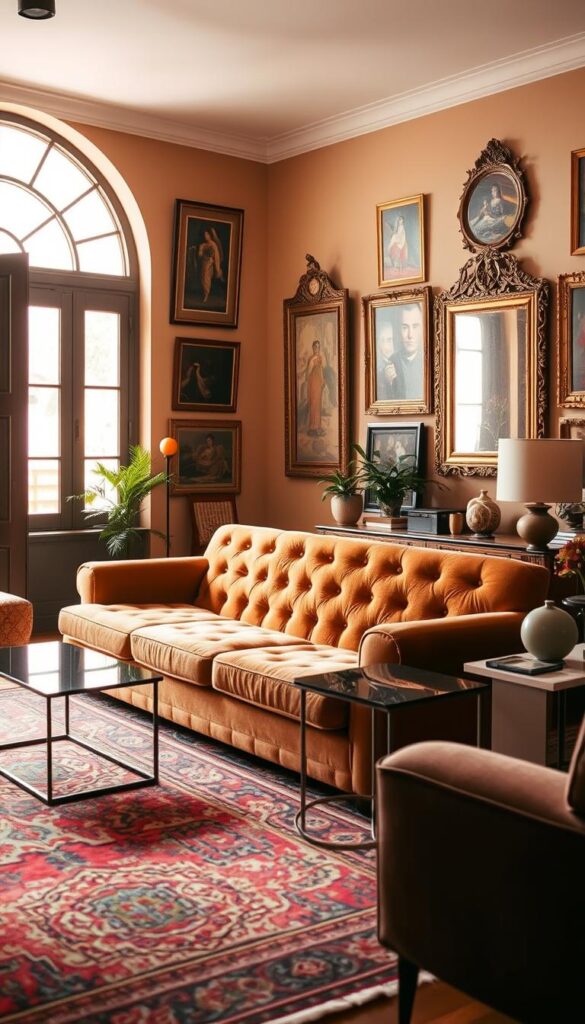 A cozy Indian living room, bathed in warm, soft lighting. In the foreground, a plush, tufted sofa in a rich, earthy tone sits atop an intricately patterned vintage rug. Flanking the sofa, a pair of modern, minimalist side tables with sleek, clean lines provide a contrast to the room's traditional elements. On the walls, a curated collection of vintage Indian art and mirrors in ornate, gilded frames. In the background, a large, arched window lets in natural light, blending the old and new seamlessly. The room exudes a harmonious fusion of Indian heritage and contemporary design, creating a timeless, inviting atmosphere. A cozy Indian living room, bathed in warm, soft lighting. In the foreground, a plush, tufted sofa in a rich, earthy tone sits atop an intricately patterned vintage rug. Flanking the sofa, a pair of modern, minimalist side tables with sleek, clean lines provide a contrast to the room's traditional elements. On the walls, a curated collection of vintage Indian art and mirrors in ornate, gilded frames. In the background, a large, arched window lets in natural light, blending the old and new seamlessly. The room exudes a harmonious fusion of Indian heritage and contemporary design, creating a timeless, inviting atmosphere.