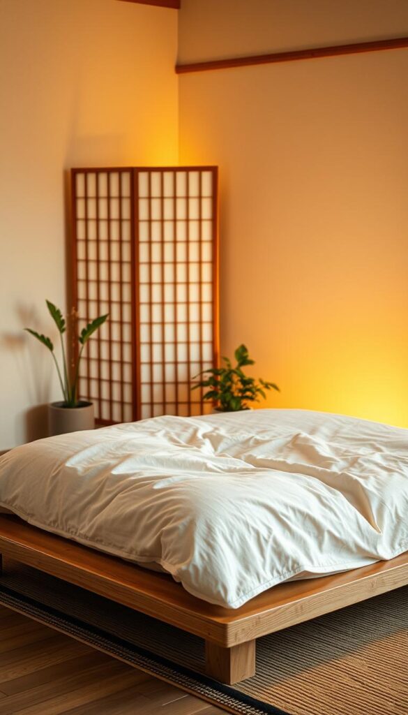 A cozy Japanese futon rests atop a minimalist wooden platform, its soft linen bedding inviting relaxation. Warm, indirect lighting casts a serene glow, highlighting the natural textures of the room. In the background, a simple shoji screen provides a sense of privacy and traditional Japanese aesthetic. Potted plants and a small wooden side table add gentle touches of greenery and simplicity, creating an atmosphere of tranquility and balance. The overall composition emphasizes clean lines, natural materials, and an aura of zen-like harmony, perfectly encapsulating the essence of Japanese home decor for the bedroom.