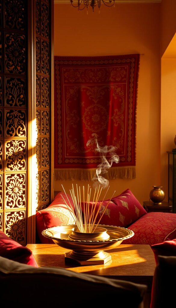 A cozy and inviting Indian heritage home interior, bathed in warm golden lighting. In the foreground, an ornate wooden carved screen divides the space, casting intricate shadows. On the middle ground, a traditional brass platter holds incense sticks, their fragrant smoke drifting through the air. In the background, a red and gold embroidered textile hangs on the wall, its patterns echoing the architectural details. Plush cushions in jewel-toned velvets are scattered around a low wooden coffee table. The atmosphere is one of timeless elegance and cultural richness, capturing the essence of Indian heritage in a modern home setting. A cozy and inviting Indian heritage home interior, bathed in warm golden lighting. In the foreground, an ornate wooden carved screen divides the space, casting intricate shadows. On the middle ground, a traditional brass platter holds incense sticks, their fragrant smoke drifting through the air. In the background, a red and gold embroidered textile hangs on the wall, its patterns echoing the architectural details. Plush cushions in jewel-toned velvets are scattered around a low wooden coffee table. The atmosphere is one of timeless elegance and cultural richness, capturing the essence of Indian heritage in a modern home setting.