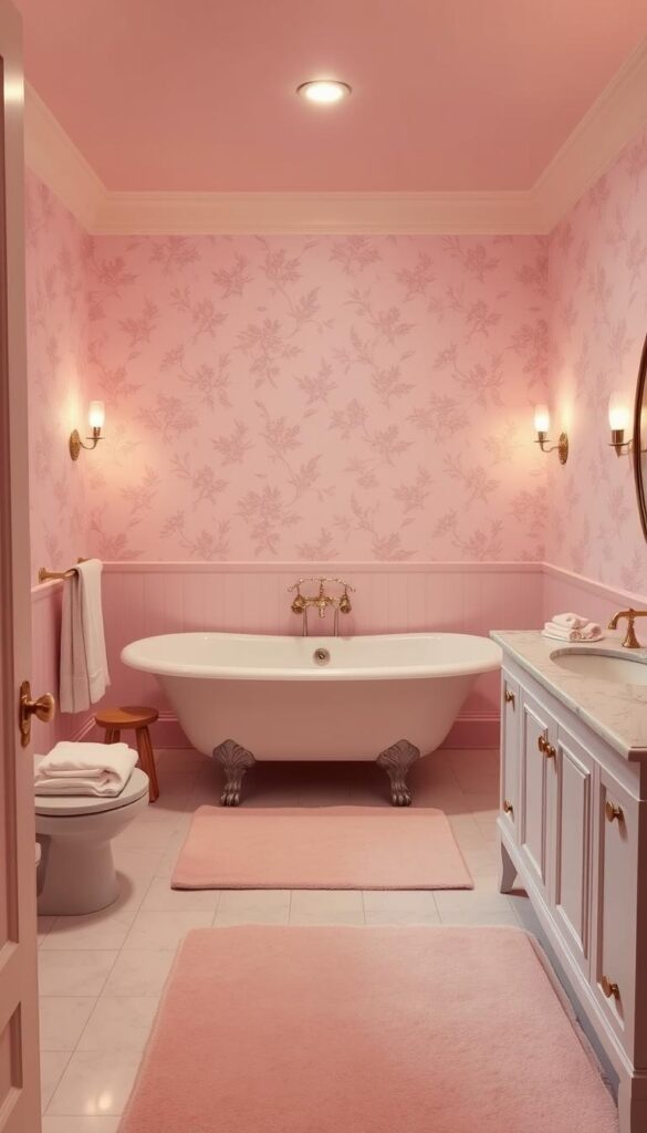 A cozy and inviting pink bathroom design, featuring a large clawfoot tub in the center, surrounded by delicate floral wallpaper in soft shades of pink and white. The lighting is warm and ambient, with a pair of sconces casting a gentle glow. Plush towels and a matching bathmat add to the luxurious feel, while a vintage-inspired vanity with a marble countertop and brass fixtures completes the elegant, yet modern aesthetic. The room is bathed in a soft, rosy hue, creating a serene and rejuvenating atmosphere.