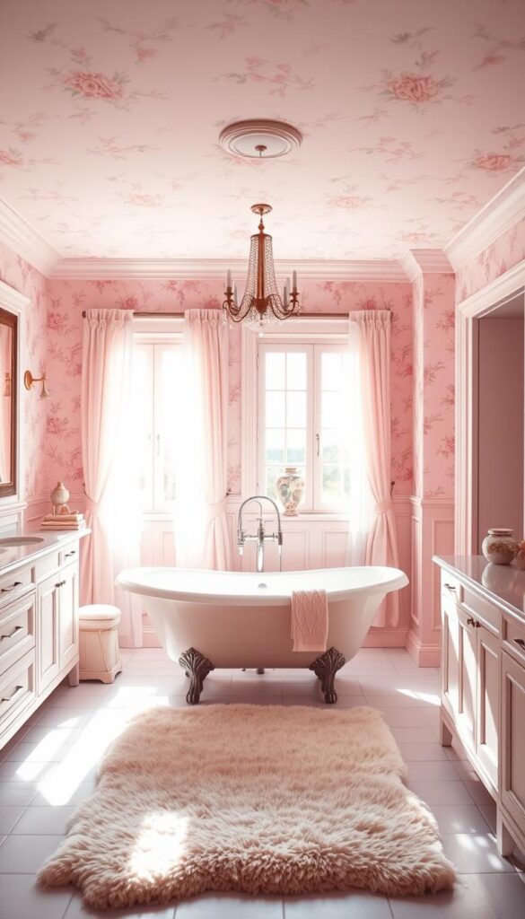 A cozy and inviting pink bathroom interior, with soft lighting illuminating delicate floral wallpaper and plush textiles. A freestanding claw-foot tub takes center stage, surrounded by sleek vanity units and vintage-inspired fixtures. The room is filled with natural light, streaming in through large windows draped with sheer curtains. Pastel-hued accents, such as a plush rug and decorative vases, add depth and warmth to the space. The overall atmosphere is one of relaxation and sophistication, perfectly capturing the essence of "Finding Your Perfect Shade of Pink".