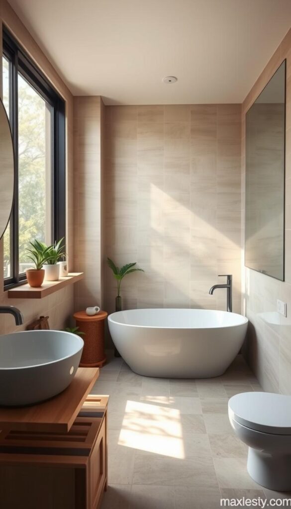 A cozy and serene Japandi-inspired bathroom, filled with natural light streaming through a large window. The foreground features a compact vanity with a minimal sink and wooden accents, paired with a floating shelf displaying potted plants and a few decorative items. The middle ground showcases a freestanding bathtub with a sleek, rectangular design, surrounded by neutral-toned tiles that create a soothing, spa-like ambiance. In the background, a large mirror reflects the natural elements, amplifying the sense of space and tranquility. The lighting is soft and diffused, creating a warm, inviting atmosphere. The overall composition emphasizes the harmony between functionality and aesthetics, showcasing practical small-space solutions for a Japandi-style bathroom.
