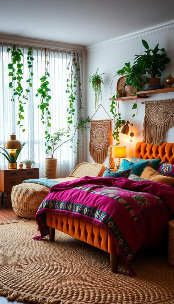 A cozy and vibrant Afrohemian bedroom, filled with a harmonious blend of natural textures, bold patterns, and rich colors. In the foreground, a plush, tufted velvet headboard in a deep ochre hue serves as the focal point, complemented by piles of vibrant, hand-woven pillows in shades of fuchsia, jade, and indigo. A mid-century inspired wooden nightstand stands beside the bed, adorned with a brass table lamp casting a warm, ambient glow. In the middle ground, a large, woven area rug in earthy tones anchors the space, while a rattan chaise lounge and a macrame wall hanging add bohemian flair. The background features lush, trailing plants cascading from floating shelves, creating a lush, jungle-inspired atmosphere. Soft, diffused lighting filters through sheer, patterned curtains, evoking a cozy, relaxing ambiance.