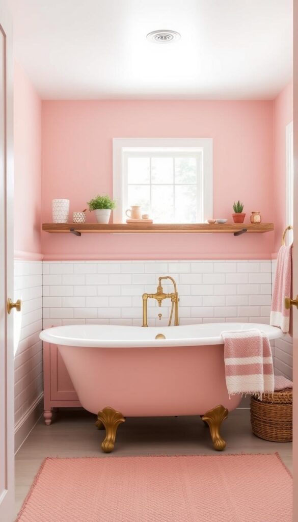 A cozy, budget-friendly pink bathroom with a farmhouse-inspired aesthetic. A soft pink wall color creates a warm and inviting atmosphere, complemented by white subway tile wainscoting and a vintage-style vanity in a pale pink hue. A rustic wooden floating shelf displays decorative accents, while a vintage-inspired claw-foot tub takes center stage. The room is filled with natural light from a large window, casting a gentle glow on the space. Brass fixtures and hardware add a touch of elegance, while textured towels and a plush rug in shades of pink and white complete the tranquil, relaxing ambiance.