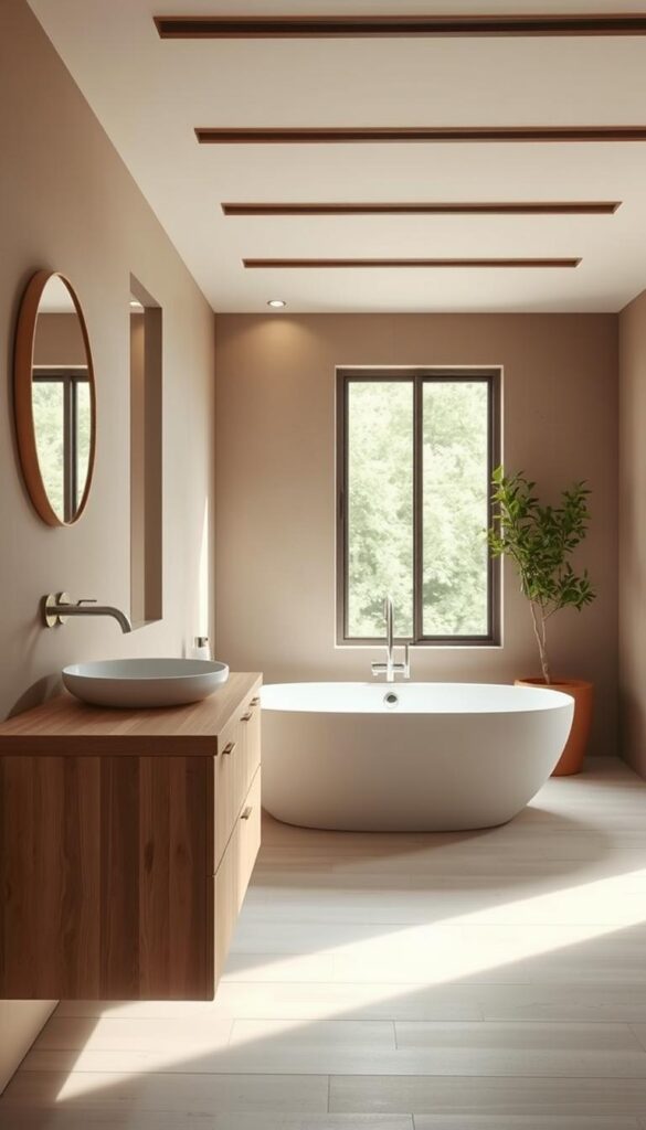 A cozy yet modern Japandi-style bathroom with a minimalist, natural aesthetic. The foreground features a DIY wooden vanity with clean lines, complemented by a round mirror and simple wall-mounted faucet. In the middle ground, a luxurious freestanding bathtub is situated near a large window, allowing ample natural light to flood the space. The background showcases a soothing, earthy color palette with textured wall panels and a potted plant, creating a serene and balanced atmosphere. The lighting is soft and diffused, enhancing the tranquil, spa-like ambiance. The overall composition conveys a sense of understated elegance and a harmonious blend of Japanese and Scandinavian design principles.