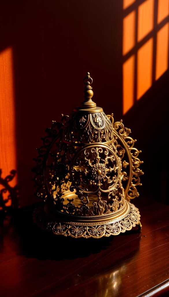 A detailed, ornate Indian metalwork sculpture, highlighted by warm, directional lighting casting dramatic shadows. The intricate design features intricate latticework, delicate filigree, and ornamental motifs in brass or bronze, showcasing the skilled craftsmanship of Indian artisans. The piece is displayed on a dark, polished wooden surface, allowing the metalwork to take center stage. The overall composition captures the timeless elegance and cultural heritage of traditional Indian metalworking, exuding a sense of history and artistic mastery. A detailed, ornate Indian metalwork sculpture, highlighted by warm, directional lighting casting dramatic shadows. The intricate design features intricate latticework, delicate filigree, and ornamental motifs in brass or bronze, showcasing the skilled craftsmanship of Indian artisans. The piece is displayed on a dark, polished wooden surface, allowing the metalwork to take center stage. The overall composition captures the timeless elegance and cultural heritage of traditional Indian metalworking, exuding a sense of history and artistic mastery.