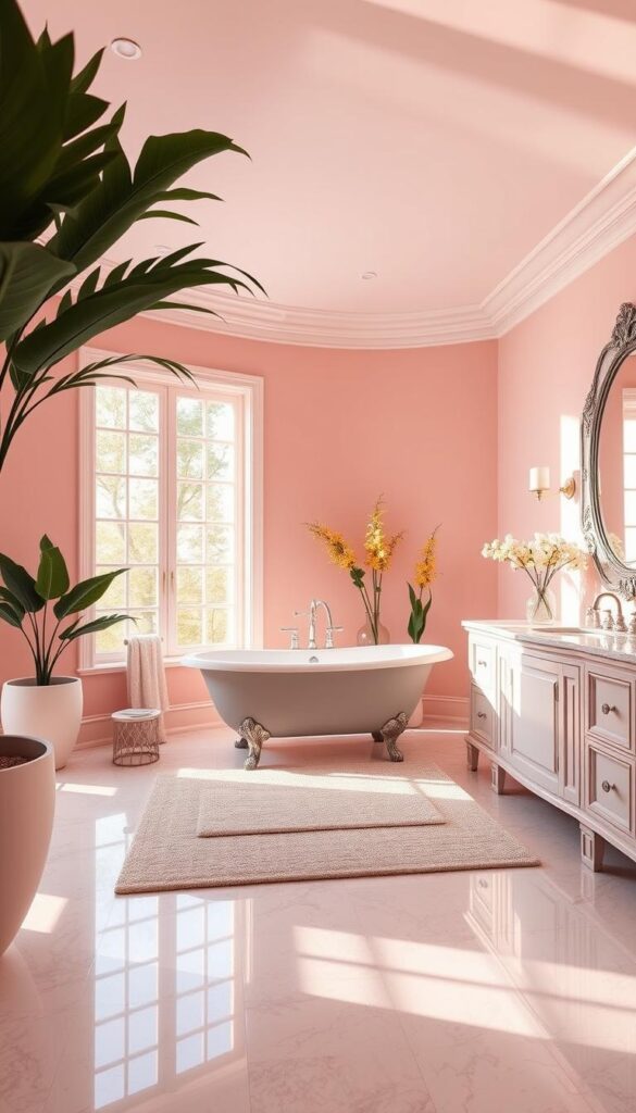 A large, luxurious pink bathroom with a spacious layout and elegant fixtures. The walls are adorned with a soft, pastel pink hue, creating a calming and inviting atmosphere. The focal point is a grand, claw-foot bathtub positioned in the center of the room, surrounded by plush towels and a cozy bathmat. Natural light streams in through large windows, illuminating the space and highlighting the subtle pink undertones. A modern vanity with a marble countertop and a large, ornate mirror stand tall, complementing the overall sophisticated design. Luxurious plants and minimal decor add a touch of nature and refinement to the space, resulting in a serene and spa-like experience.