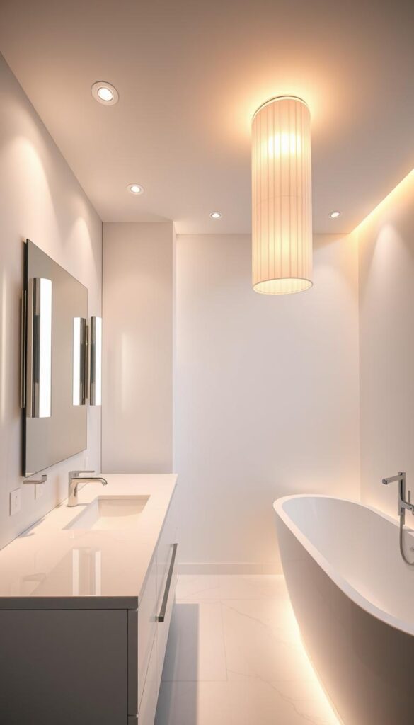 A luminous and luxurious modern bathroom, bathed in soft, warm lighting from recessed ceiling fixtures and sconces mounted on the vanity mirror. The lighting casts a gentle, flattering glow on the sleek, minimalist white countertops, marble tile floors, and contemporary chrome fixtures. Overhead, a pair of elegant, cylindrical pendant lights hang suspended, casting a diffused, ambient light throughout the space. Strategically placed, dimmable LED strips underneath the vanity and along the tub's edge provide additional layers of illumination, creating a soothing and serene atmosphere perfect for a relaxing spa-like experience.