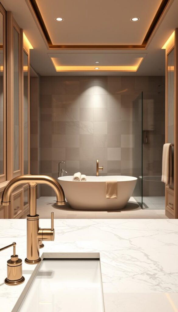 A luxurious bathroom interior with a focal point of exquisite marble countertops and vanity, bathed in warm, soft lighting. In the foreground, a high-end faucet and gleaming hardware fixtures in a brushed metal finish. In the middle ground, a deep, freestanding bathtub with sleek, minimalist design, surrounded by plush towels and bath products. The background showcases elegant, large-format tile in a neutral palette, complemented by a frameless glass shower enclosure. The overall atmosphere evokes a sense of opulence, serenity, and indulgence.