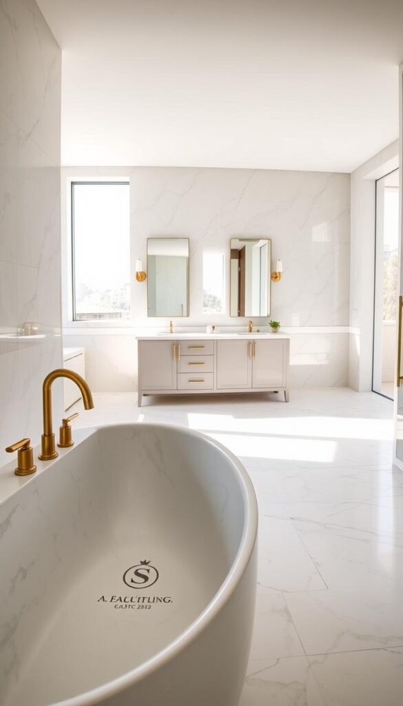 A luxurious bathroom interior with a sleek, contemporary design. The foreground features a large, freestanding bathtub made of smooth, polished marble, accented by brushed brass fixtures. In the middle ground, a double vanity with a gleaming white countertop and minimalist hardware stands against a backdrop of elegant floor-to-ceiling tiles in a soft, neutral palette. Natural light streams in through floor-to-ceiling windows, creating a warm, inviting atmosphere. The overall effect is one of refined sophistication and attention to detail, evoking a sense of tranquility and indulgence.