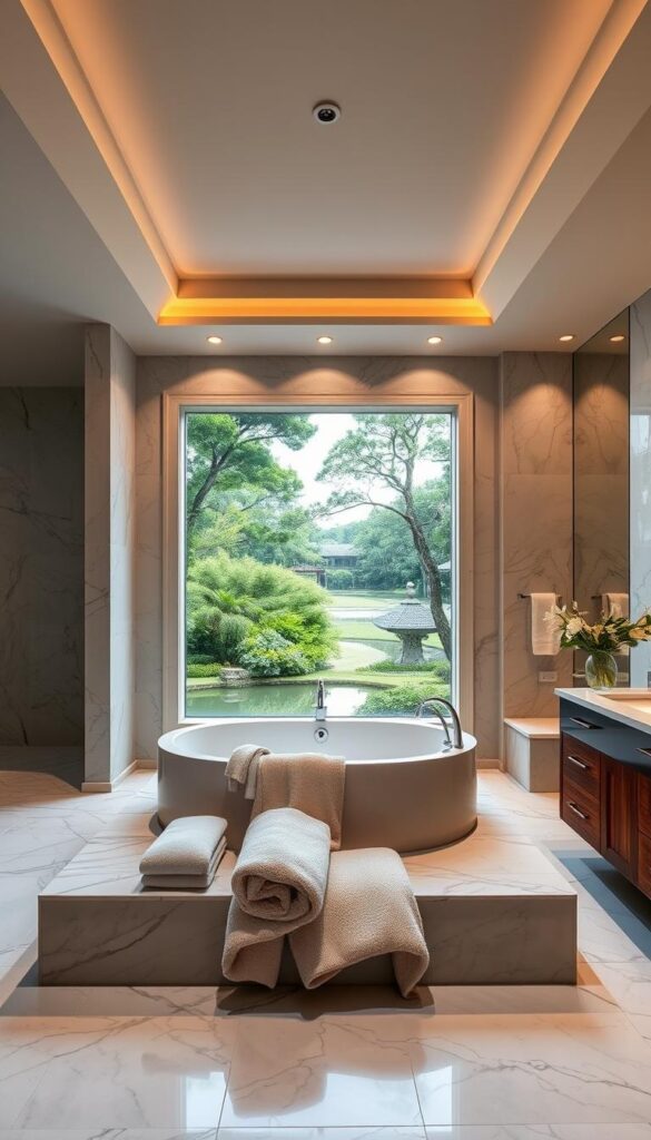 A luxurious bathroom with a deep soaking tub, surrounded by marble walls and floors, bathed in soft, warm lighting from recessed ceiling fixtures. A large picture window offers a serene, nature-inspired view, with lush greenery and a tranquil pond in the distance. Plush, oversized towels in a neutral color palette are neatly folded on a wooden vanity. The space exudes a calming, spa-like ambiance, perfect for a relaxing, indulgent experience.