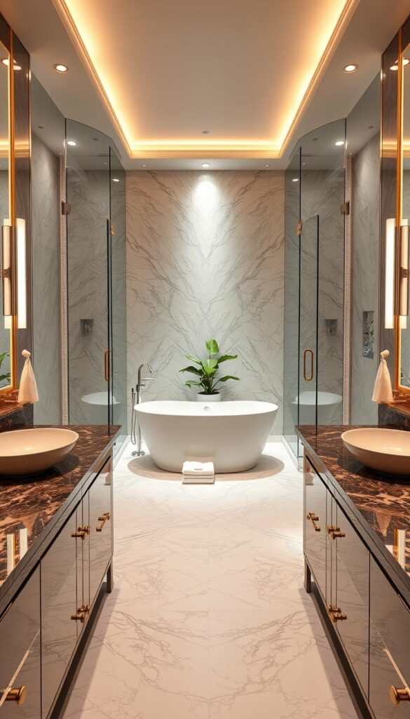 A luxurious bathroom with gleaming chrome fixtures, polished granite countertops, and elegant glass shower enclosures. Soft, warm lighting emanates from hidden recessed LEDs, casting a serene glow across the space. In the center, a freestanding bathtub sits atop a marble mosaic floor, inviting relaxation. Ornate brass faucets and sleek vessel sinks add refinement, while plush towels and a leafy potted plant complete the high-end, spa-like ambiance. The overall aesthetic is one of sophisticated minimalism, elevating the ordinary into the extraordinary.
