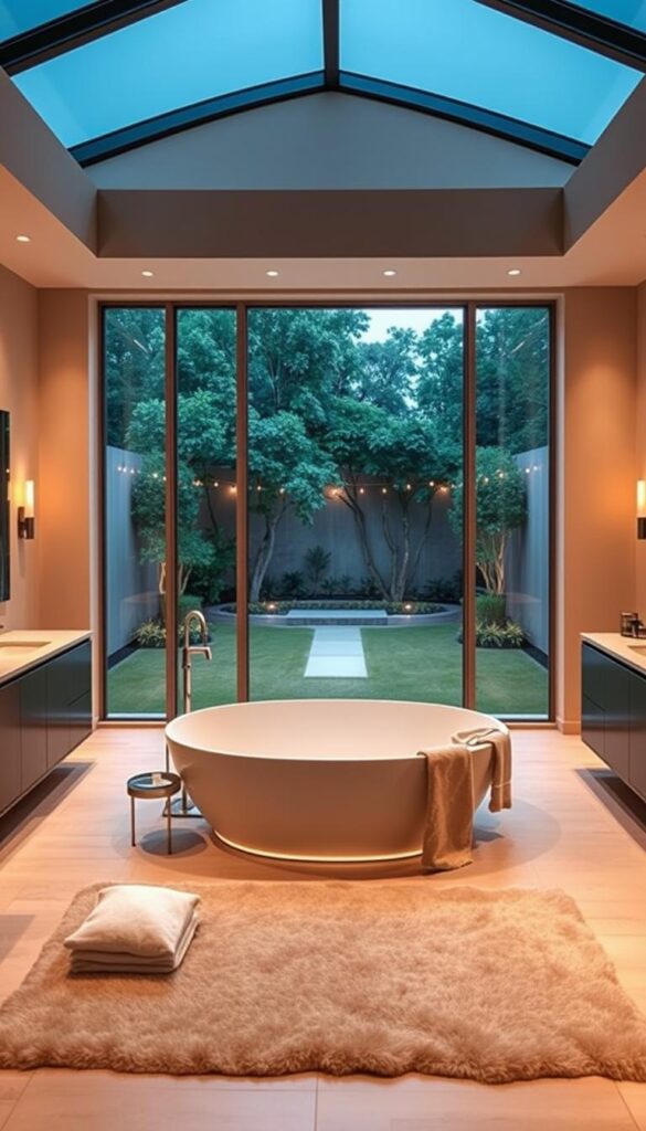 A luxurious, contemporary bathroom with a stunning freestanding bathtub as the centerpiece. The room is bathed in warm, soft lighting, creating a serene and relaxing ambiance. Sleek, minimalist vanity units flank the tub, with a large, frameless mirror above. Subtle, metallic accents add a touch of sophistication, while plush, neutral-toned towels and rugs invite you to sink into ultimate comfort. The expansive, floor-to-ceiling windows offer a breathtaking view of a lush, private garden, blurring the lines between indoor and outdoor living. This is a sanctuary of modern luxury, a space that elevates the everyday routine into an indulgent experience.