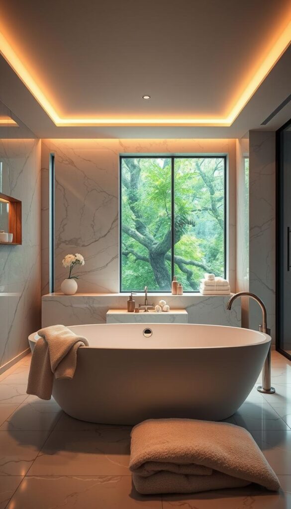 A luxurious, elegantly designed bathroom featuring a stunning centerpiece bathtub. The focal point is a large, freestanding bathtub with sleek, modern lines, set against a backdrop of high-end, marble-clad walls. Soft, indirect lighting casts a warm, inviting glow, creating a spa-like ambiance. The tub is positioned to take advantage of the room's natural light, with large windows allowing the daylight to stream in. Plush, oversized towels and high-end bath accessories add to the sense of indulgence and relaxation. The overall atmosphere is one of sophisticated, understated luxury, evoking a sense of tranquility and pampering.