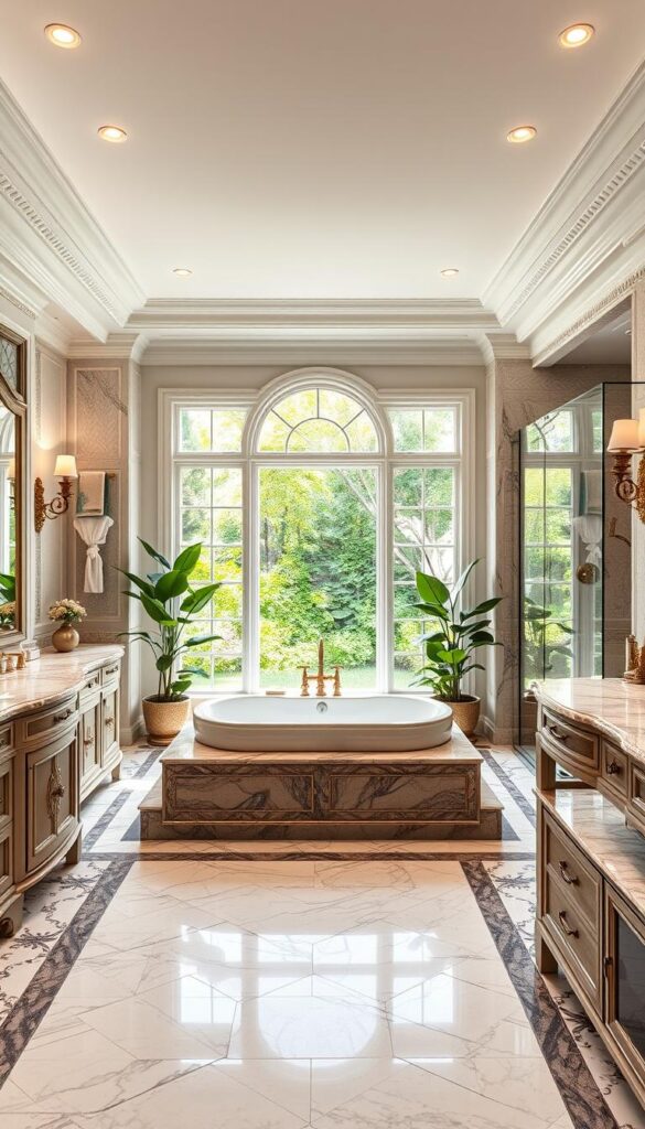 A luxurious master bathroom suite, flooded with natural light from expansive windows overlooking a serene garden. The room features a grand, freestanding bathtub set on a raised dais, surrounded by an array of ornate marble vanities and countertops. Elegant brushed-brass fixtures complement the intricate tile work, while plush towels and robes in soothing neutral tones add to the opulent ambiance. Soft, diffused lighting from recessed ceiling fixtures and ornate wall sconces creates a warm, inviting atmosphere. The space is dotted with lush potted plants, adding pops of verdant color. An oversized frameless glass shower enclosure stands adjacent, its seamless design accentuating the spacious, spa-like feel of the suite.
