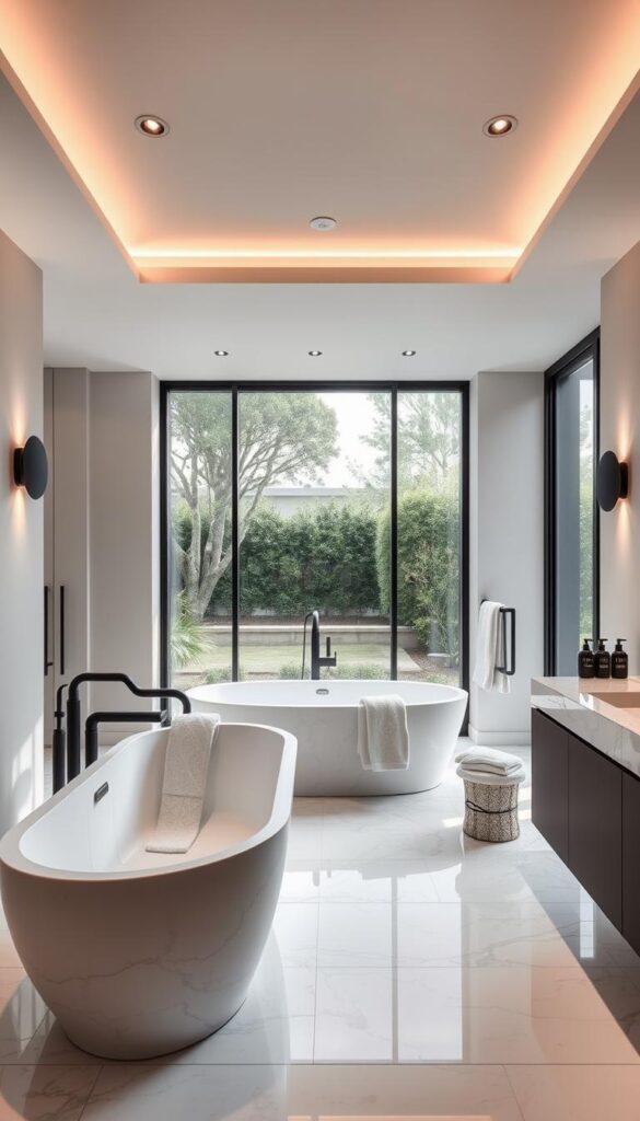 A luxurious modern bathroom with a sleek, minimalist design. The focal point is a freestanding bathtub made of smooth, polished marble, softly illuminated by warm, recessed lighting. Elegant matte black fixtures and hardware complement the natural stone. The room is filled with natural light, streaming in through floor-to-ceiling windows that overlook a serene garden. The walls are finished in a soothing neutral tone, creating a calming, spa-like atmosphere. Plush, oversized towels and a modern vanity with ample storage complete the high-end, sophisticated look.
