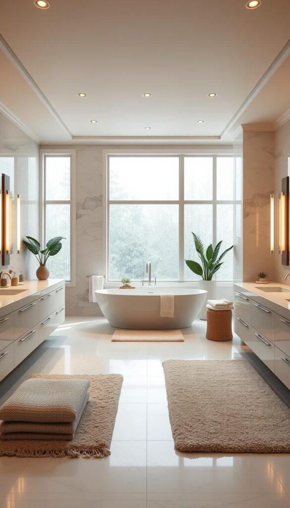 A luxurious, spa-like bathroom with sleek, modern fixtures and fittings. A spacious, well-lit room with a large, freestanding bathtub as the centerpiece, surrounded by elegant vanity units and high-end tile work. Soft, indirect lighting creates a warm, relaxing ambiance, while large windows flood the space with natural light. Plush, textured rugs and towels add a touch of luxury, while potted plants and minimal, high-quality decor elements enhance the serene, high-end atmosphere. A truly indulgent, tranquil retreat for the senses.