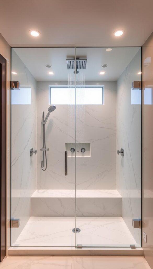 A luxurious, spa-like shower design with a glass enclosure, sleek marble tiles, and modern chrome fixtures. The shower features a rainfall showerhead and handheld sprayer, creating a relaxing, immersive experience. Soft lighting from recessed ceiling lights and a large window provide natural illumination, while a built-in bench offers a place to pause and unwind. The overall atmosphere is one of tranquility and indulgence, reflecting the high-end, sophisticated aesthetic of a luxury bathroom.