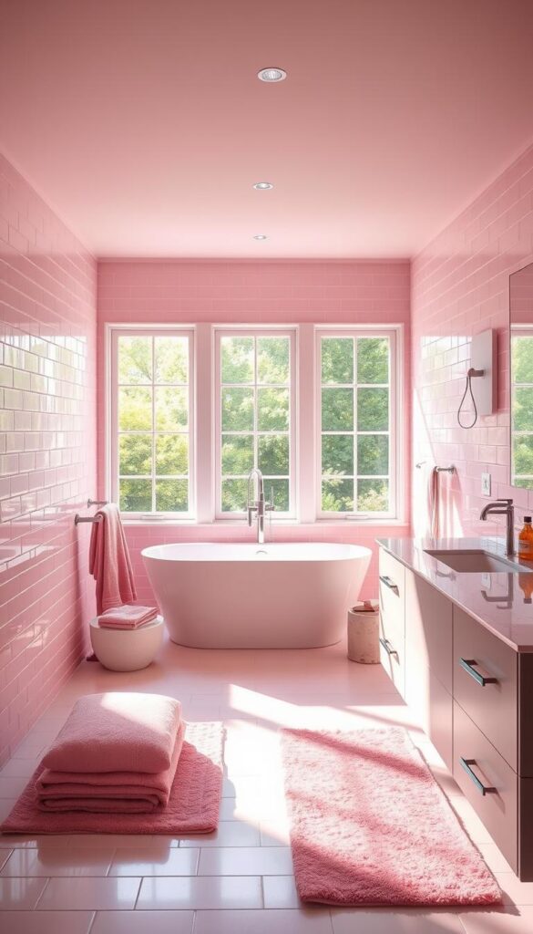 A mid-range pink bathroom with a modern, sophisticated aesthetic. Soft pink subway tiles line the walls, creating a calming, harmonious backdrop. A sleek, freestanding tub sits centered, surrounded by an abundance of natural light filtering through large, picture windows. Elegant chrome fixtures and hardware accent the space, while a floating vanity with a marble countertop provides ample storage and a touch of luxury. Plush pink towels and a coordinating bath mat complete the refined, yet inviting atmosphere. Indirect lighting casts a warm, gentle glow, elevating the serene, spa-like ambiance.