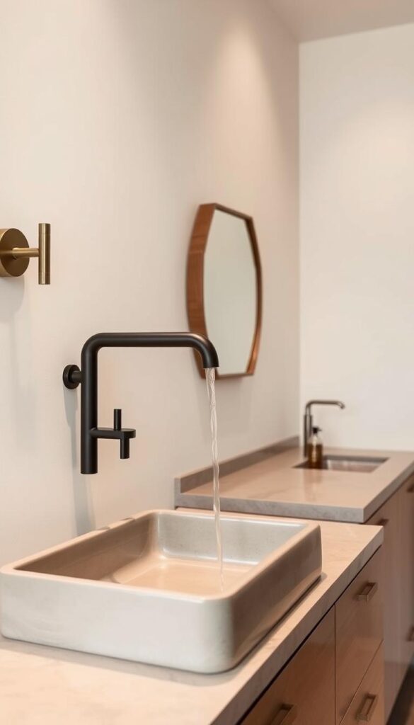 A minimalist Japandi-inspired bathroom with sleek, high-quality fixtures. A wall-mounted faucet with a matte black finish cascades into a rectangular ceramic sink. Elegant, streamlined drawer pulls and cabinet hardware in a brushed brass or warm brass tone complement the fixtures. Natural stone or concrete countertops create a serene, earthy ambiance. Soft, diffused lighting from sconces or recessed ceiling fixtures illuminates the space, casting a warm, soothing glow. The overall aesthetic is pared-down, harmonious, and focused on quality craftsmanship and natural materials that enhance the Japandi design ethos.