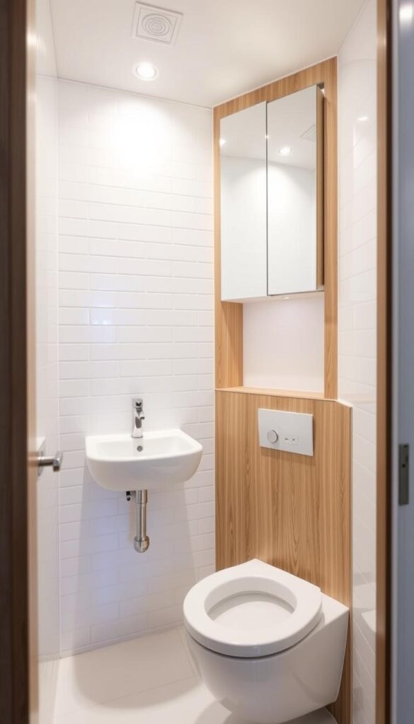 A minimalist, modern bathroom featuring space-saving fixtures. A sleek wall-mounted sink with a single-lever faucet, a compact toilet with a wall-hung design, and a recessed medicine cabinet with mirrored doors. Soft, even lighting from recessed ceiling fixtures illuminates the pristine white tiles and natural wood accents. The overall ambiance is calming, uncluttered, and efficiently designed to maximize the limited space.