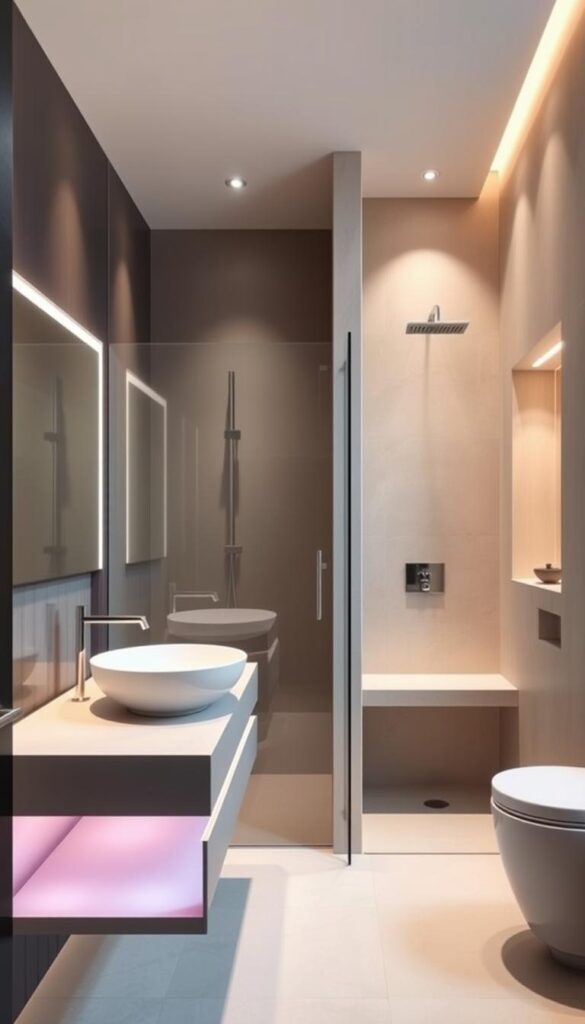 A modern, luxurious small bathroom with minimalist design and efficient storage solutions. The foreground features a sleek, floating vanity with a vessel sink and integrated lighting. The middle ground showcases a frameless glass shower enclosure, with a rainfall showerhead and a built-in bench. The background highlights a neutral-toned wall with a recessed niche, accentuating the room's depth. Soft, warm lighting illuminates the space, creating a serene and spa-like atmosphere. The overall composition emphasizes the smart use of space, high-end finishes, and a cohesive, contemporary aesthetic.